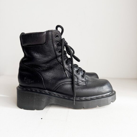 Doc Martens 8 Hole Super Chunky Black Leather Goth Rock Boots Square Toe  7 - Picture 1 of 7